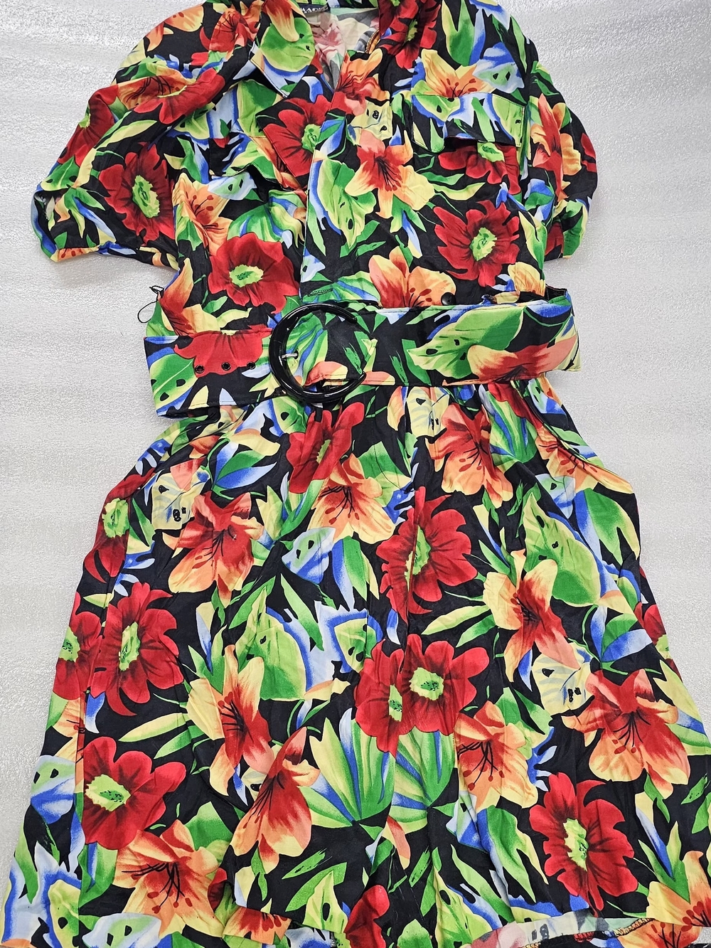 Floral Belted Jumpsuit in Black with Red & Yellow Flowers